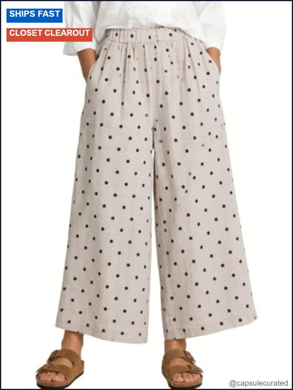 Cotton Linen Blend Polka Dot Wide Leg Palazzo Pants Elastic Waist with Pockets
